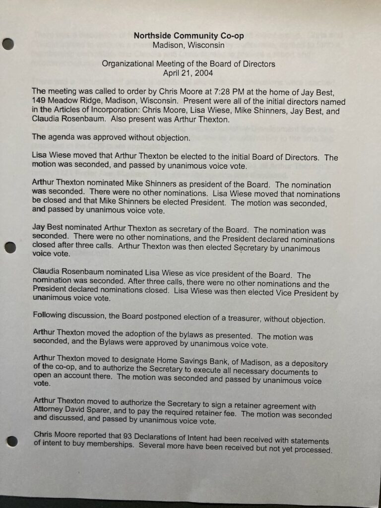 Organizational meeting of the Northside Community Co-op Board of directors - page one of the meeting notes