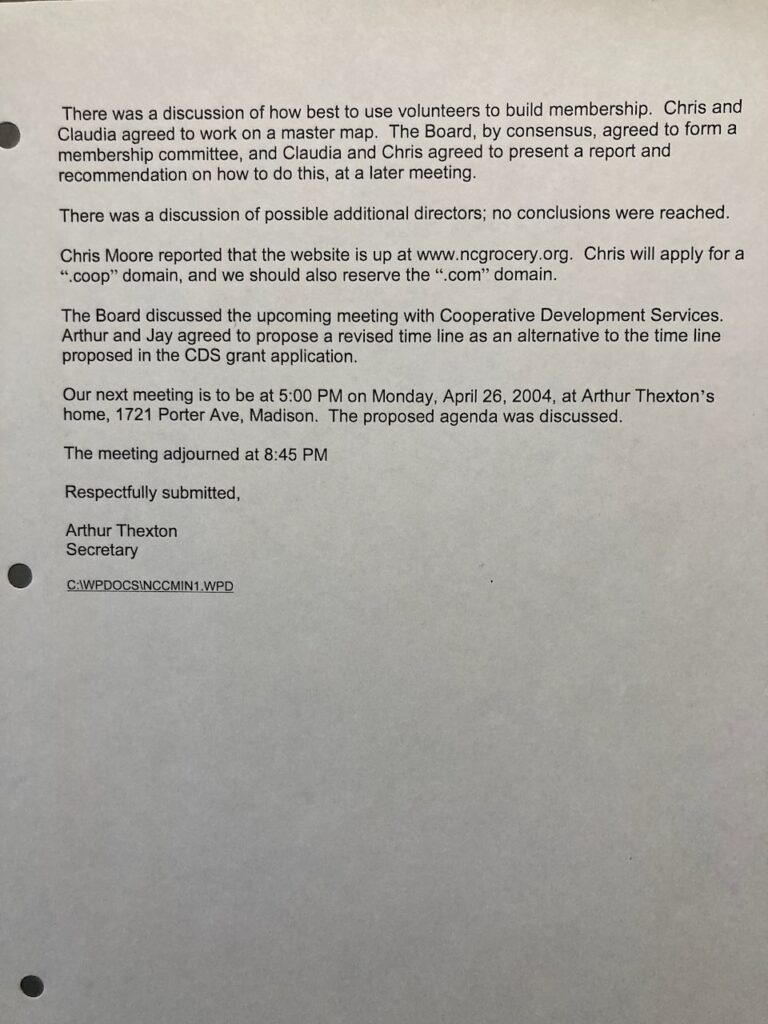 Organizational meeting of the Northside Community Co-op Board of directors - page two