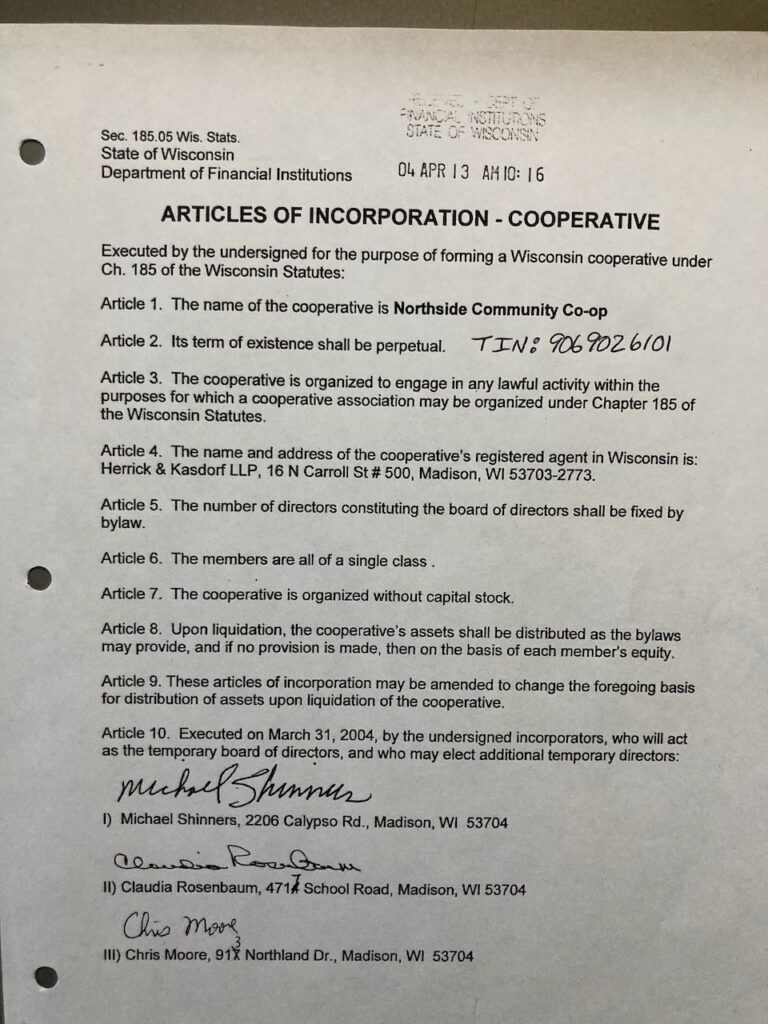 Northside Community Co-op Articles of Incorporation April 13, 2004 - page one